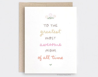 Mother's Day Gift, Illustrated Ecofriendly Mother's Day Card, Cute - Greatest Most Awesome - Mom Birthday Card