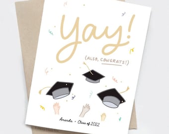 Personalized Graduation Card for Her - Yay Also Congrats Card for Him, Illustrated Hand Lettered Card - Caps Confetti