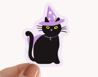 Black Cat Sticker, PVC-Free Black Cat Lovers Gift, Halloween Cat Sticker Laptop, Magician Cat Sticker, Eco-Friendly Waterproof Sticker