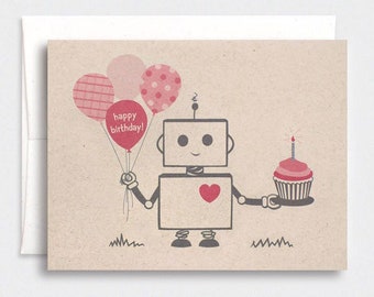 Robot Birthday Card - Red, Brown, Valentine, Kawaii, Brown Recycled Card