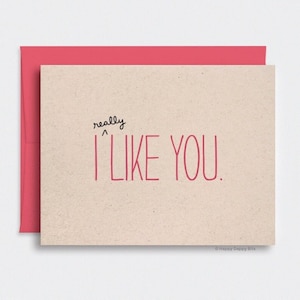 Valentines Day Gift for Him, I Like You Card, For Her - Funny Anniversary Card, Handmade Gifts, Brown Recycled Card, Red