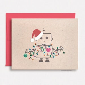 Funny Christmas Card, Cute Robot Santa Kawaii Holiday Card with Festive Lights, Layered Hat Brown Recycled Card HD005