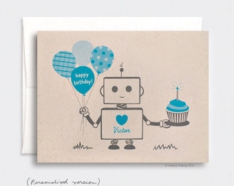 Personalized Birthday Card, for Him, Boys - Blue Robot, Happy Birthday Card, Eco-friendly Card