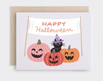 Halloween Card Funny, Recycled Black Cat Card, Cute Carved Pumpkin Patch Card, Halloween Decor Witchy Wizard