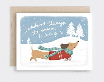 Illustrated Dachshund Christmas Card Set or Single, Funny Dog Recycled Christmas Card, Dachshund Through the Snow Fa La La La La