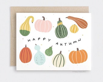 Fall Party Decor - Cute Fall Card, Gourds Happy Autumn Card,  Illustrated Pumpkin Card, Recycled Card