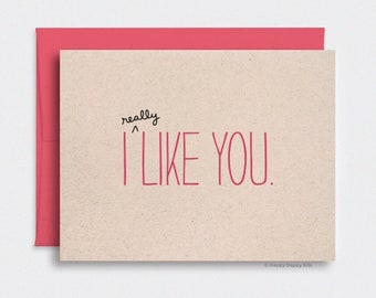 Valentines Day Gift for Him, I Like You Card, For Her - Funny Anniversary Card, Handmade Gifts, Brown Recycled Card, Red