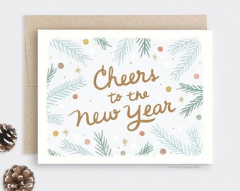 Happy New Year Card Set or Single, Cheers to the New Year Card 2022, Recycled Eco Friendly Holiday Card, Illustrated New Year Card