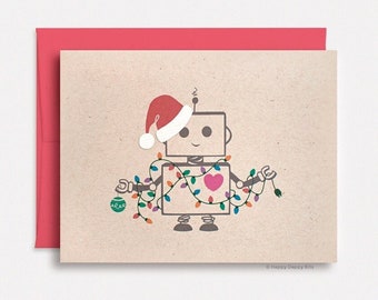 Funny Christmas Card, Cute Robot Santa Kawaii Holiday Card with Festive Lights, Layered Hat Brown Recycled Card HD005