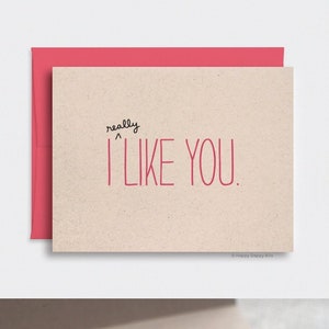 Valentines Day Gift for Him, I Like You Card, For Her Funny Anniversary Card, Handmade Gifts, Brown Recycled Card, Red image 3