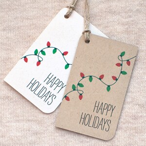 Christmas Gift Tags, Christmas Lights Small Handmade Happy Holiday Gift Tags Set of 10 White or Brown Recycled image 2
