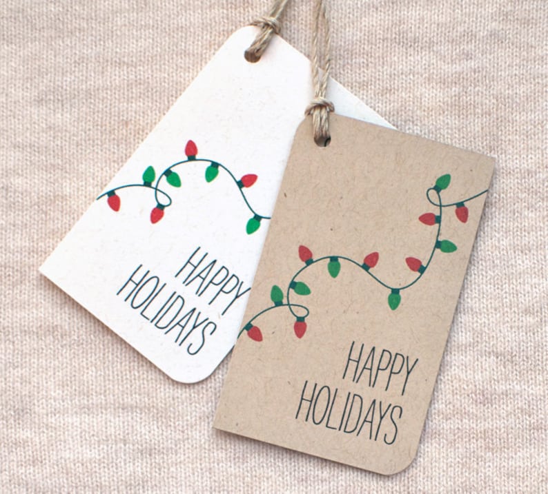 Christmas Gift Tags, Christmas Lights Small Handmade Happy Holiday Gift Tags Set of 10 White or Brown Recycled image 2