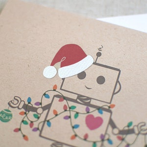 Funny Christmas Card, Cute Robot Santa Kawaii Holiday Card with Festive Lights, Layered Hat Brown Recycled Card HD005 image 3