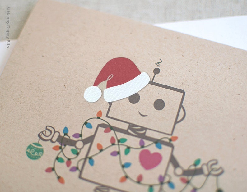 Funny Christmas Card, Cute Robot Santa Kawaii Holiday Card with Festive Lights, Layered Hat Brown Recycled Card HD005 image 3