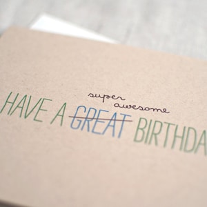 Funny Birthday Card For Him Typography Card, Super Awesome Birthday Blue, Olive Green, Brown Recycled Card image 2