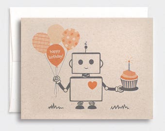 Halloween Birthday Card, Robot - October Birthday Card for Him for Her, Boyfriend - Kawaii Birthday Card, Orange, Purple, Red, Blue, or Pink