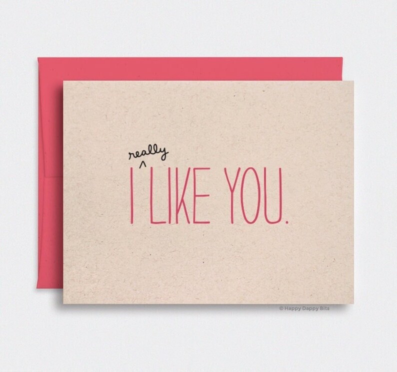 Valentines Day Gift for Him, I Like You Card, For Her Funny Anniversary Card, Handmade Gifts, Brown Recycled Card, Red image 1