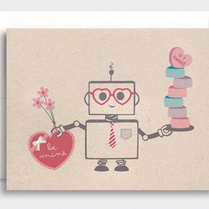 Valentines Gift for Him, Robot Valentine Cards Set or Single, Love Card, Kawaii Cute Nerdy Tech Hand Painted Robot Card, Recycled image 1