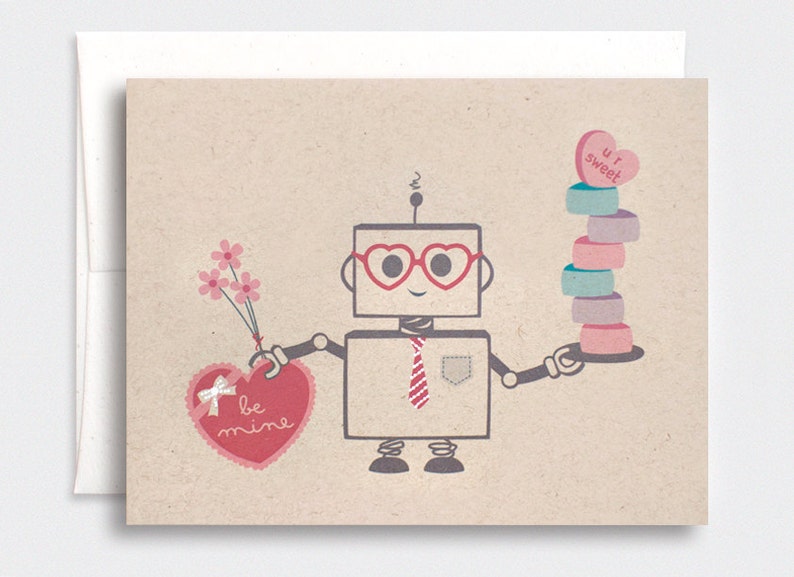 Valentines Gift for Him, Robot Valentine Cards Set or Single, Love Card, Kawaii Cute Nerdy Tech Hand Painted Robot Card, Recycled image 1