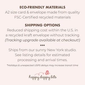 May include: Text on a white background reads "ECO-FRIENDLY MATERIALS" and describes an A2 size card and envelope made from recycled materials. The text also mentions "SHIPPING OPTIONS" and the shop's location in New York.