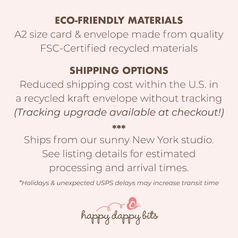 May include: Text on a white background reads "ECO-FRIENDLY MATERIALS" and describes an A2 size card and envelope made from recycled materials. The text also mentions "SHIPPING OPTIONS" and the shop's location in New York.