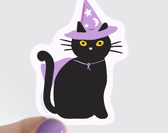 Black Cat Sticker Vinyl, Small Halloween Cat Sticker Laptop, Magician Cat Sticker, Magic Witch Wizard, Eco Friendly Waterproof Sticker