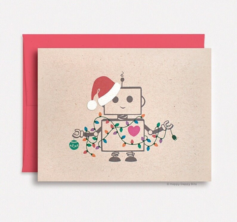 Funny Christmas Card, Cute Robot Santa Kawaii Holiday Card with Festive Lights, Layered Hat Brown Recycled Card HD005 image 1