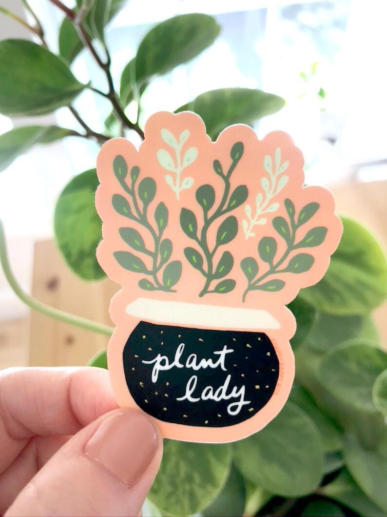 May include: A pink and black sticker with a potted plant and the text "plant lady".