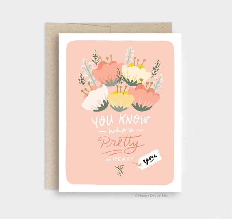 Valentines Day Bouquet Card for Her, Eco-friendly Anniversary Card, You're Pretty Great, Cute Illustrated Recycled Floral Peach image 2