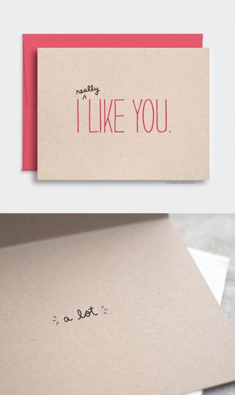 Valentines Day Gift for Him, I Like You Card, For Her Funny Anniversary Card, Handmade Gifts, Brown Recycled Card, Red image 3