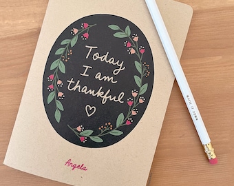 Personalized Gratitude Journal, 5x7" Today I am Thankful for, Eco Friendly Gifts for Her, Recycled Floral Notebook & Pencil Gift Set