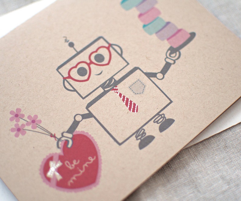 Valentines Gift for Him, Robot Valentine Cards Set or Single, Love Card, Kawaii Cute Nerdy Tech Hand Painted Robot Card, Recycled image 4