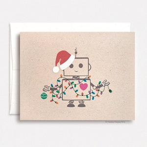 Funny Christmas Card, Cute Robot Santa Kawaii Holiday Card with Festive Lights, Layered Hat Brown Recycled Card HD005 image 2