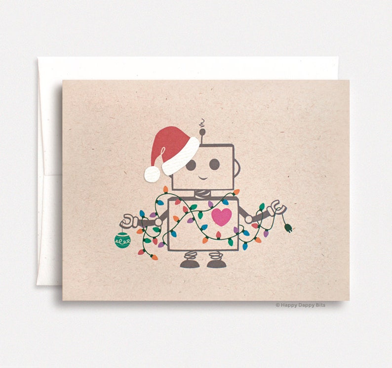 Funny Christmas Card, Cute Robot Santa Kawaii Holiday Card with Festive Lights, Layered Hat Brown Recycled Card HD005 image 2