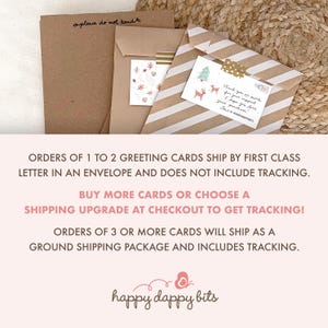 May include: Three greeting card envelopes, two brown and one with white stripes. The cards feature festive illustrations of a Christmas tree and reindeer. The text on the card reads "Thank you so much for your purchase! I hope you love your purchase!"