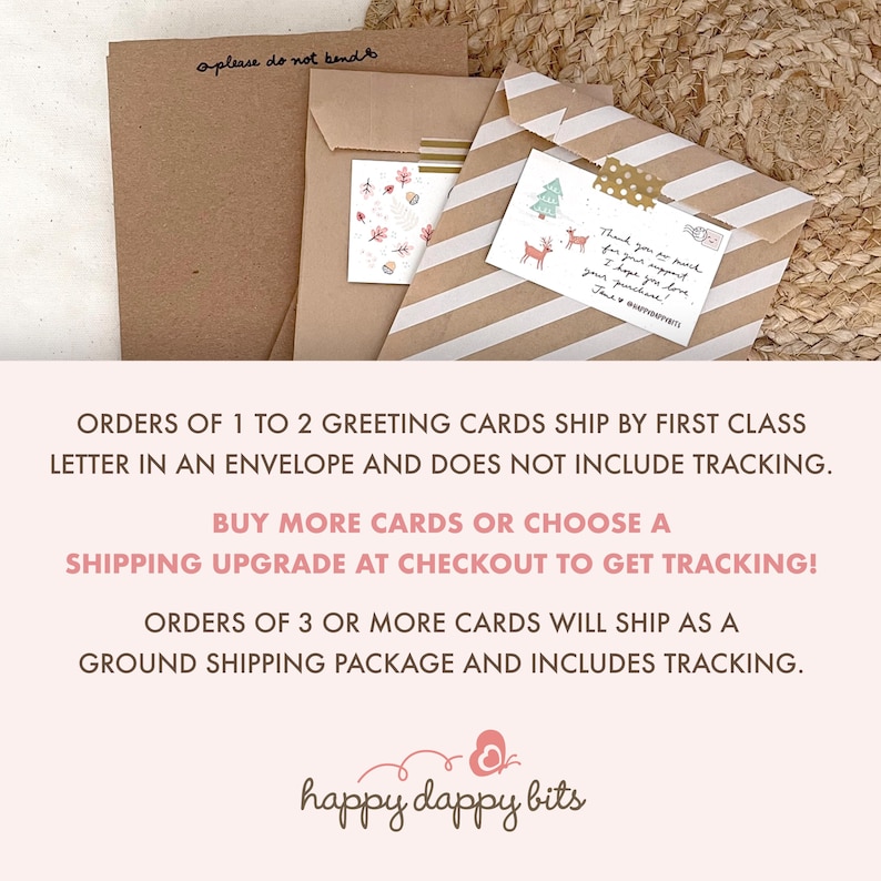 May include: Three greeting card envelopes, two brown and one with white stripes. The cards feature festive illustrations of a Christmas tree and reindeer. The text on the card reads "Thank you so much for your purchase! I hope you love your purchase!"