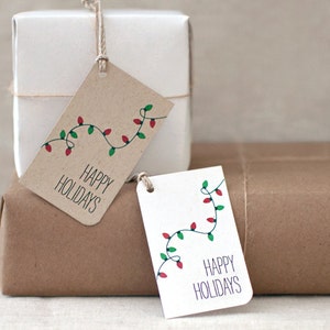 Christmas Gift Tags, Christmas Lights Small Handmade Happy Holiday Gift Tags Set of 10 White or Brown Recycled image 1