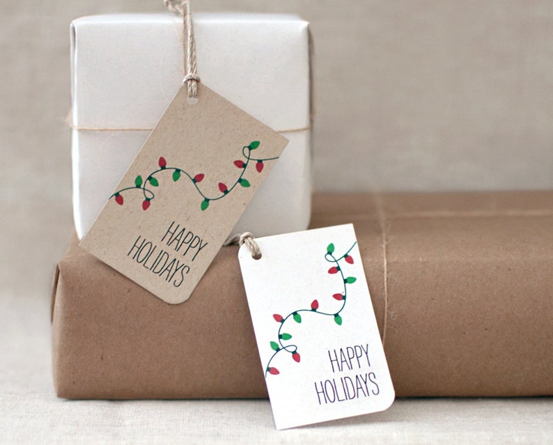 Christmas Gift Tags, Christmas Lights Small Handmade Happy Holiday Gift Tags Set of 10 White or Brown Recycled image 1