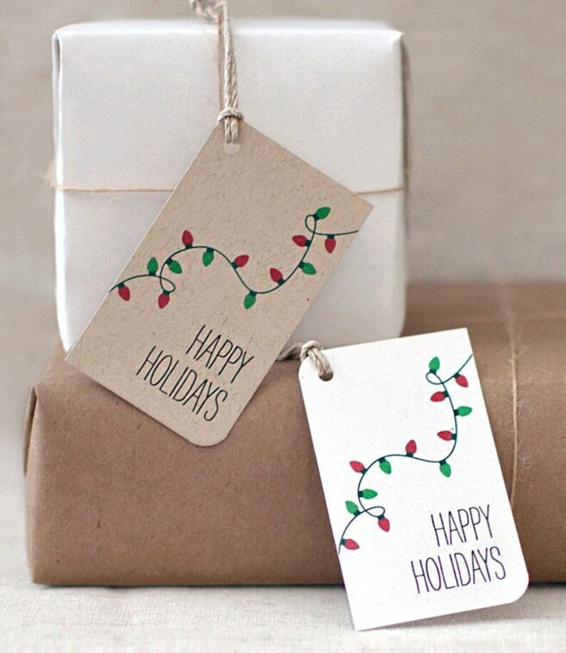 Christmas Gift Tags, Christmas Lights Small Handmade Happy Holiday Gift Tags Set of 10 White or Brown Recycled image 6