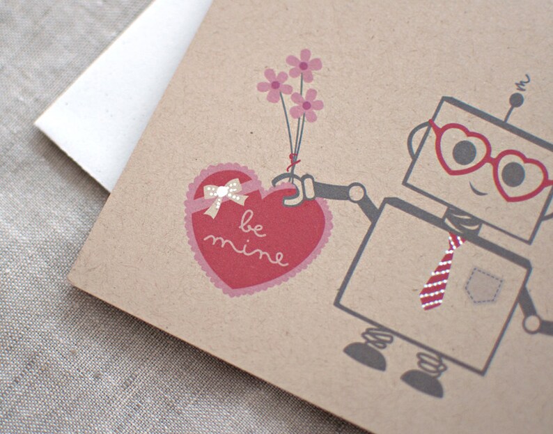 Valentines Gift for Him, Robot Valentine Cards Set or Single, Love Card, Kawaii Cute Nerdy Tech Hand Painted Robot Card, Recycled image 3