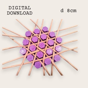 May include: A digital download image of a woven coaster with a diameter of 8 cm. The coaster features a central design of purple hexagonal pieces with numbers, interwoven with light brown wooden sticks. The words "DIGITAL DOWNLOAD" are at the top.