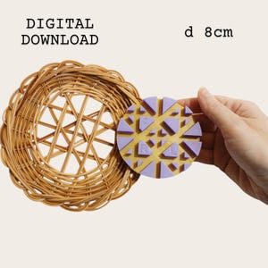 May include: A round, woven wicker basket next to a geometric, purple and yellow coaster, 8 cm in diameter. The coaster has a repeating triangle pattern. The text "DIGITAL DOWNLOAD" is above the basket.