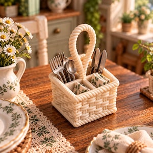May include: A square, cream-colored woven basket with a central rope-style handle, divided into four compartments. It contains silver-toned forks, spoons, and knives, along with small, folded white napkins featuring a green botanical print.