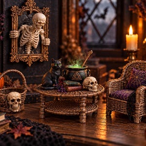 May include: A miniature scene featuring a skeleton in a gold frame, a black cat, a cauldron with green liquid, a skull, a wicker basket with a skull, and a wicker chair with a purple spiderweb cushion, all arranged on a wooden table.