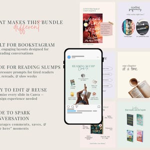 May include: A digital product bundle with templates for bookstagram posts. The image shows a phone with a reading slump checklist, book covers, and text like "What Makes This Bundle Different" and "Easy to Edit & Reuse."