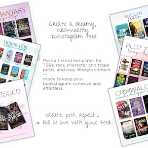 Puede incluir: Una colecci&oacute;n de plantillas de tama&ntilde;o retrato para publicaciones de bookstagram. Las plantillas presentan portadas de libros y texto como "Romantasy Royalty", "Booktok Made Me Do It" e "I'm Obsessed". El texto anima a los usuarios a crear, publicar y repetir.
