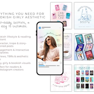 Puede incluir: Una colecci&oacute;n de plantillas est&eacute;ticas de libros para redes sociales, incluidas publicaciones de Instagram. La imagen presenta un tel&eacute;fono que muestra una foto de una mujer, junto con varias portadas de libros y gr&aacute;ficos. El texto incluye "Everything you need for a bookish girly aesthetic."