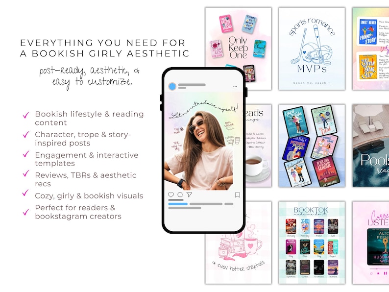 Puede incluir: Una colecci&oacute;n de plantillas est&eacute;ticas de libros para redes sociales, incluidas publicaciones de Instagram. La imagen presenta un tel&eacute;fono que muestra una foto de una mujer, junto con varias portadas de libros y gr&aacute;ficos. El texto incluye "Everything you need for a bookish girly aesthetic."