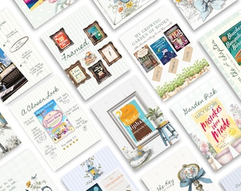 May include: A collection of book-themed journal pages featuring various illustrations of books, picture frames, flowers, and handwritten notes. The pages include titles like Framed Favorites, My Growing Garden of Books, A Closer Look, and Garden Pick, with colorful watercolor accents and detailed sketches of literary items.
