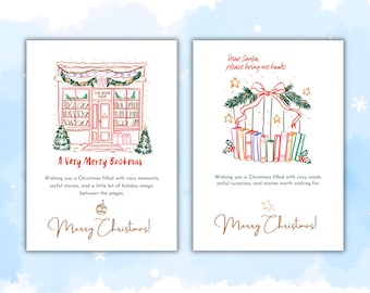 May include: Two Christmas cards with festive illustrations. One depicts a bookstore with the text "A Very Merry Bookmas" and "Merry Christmas!". The other shows books and the text "Dear Santa, please bring me books" and "Merry Christmas!"